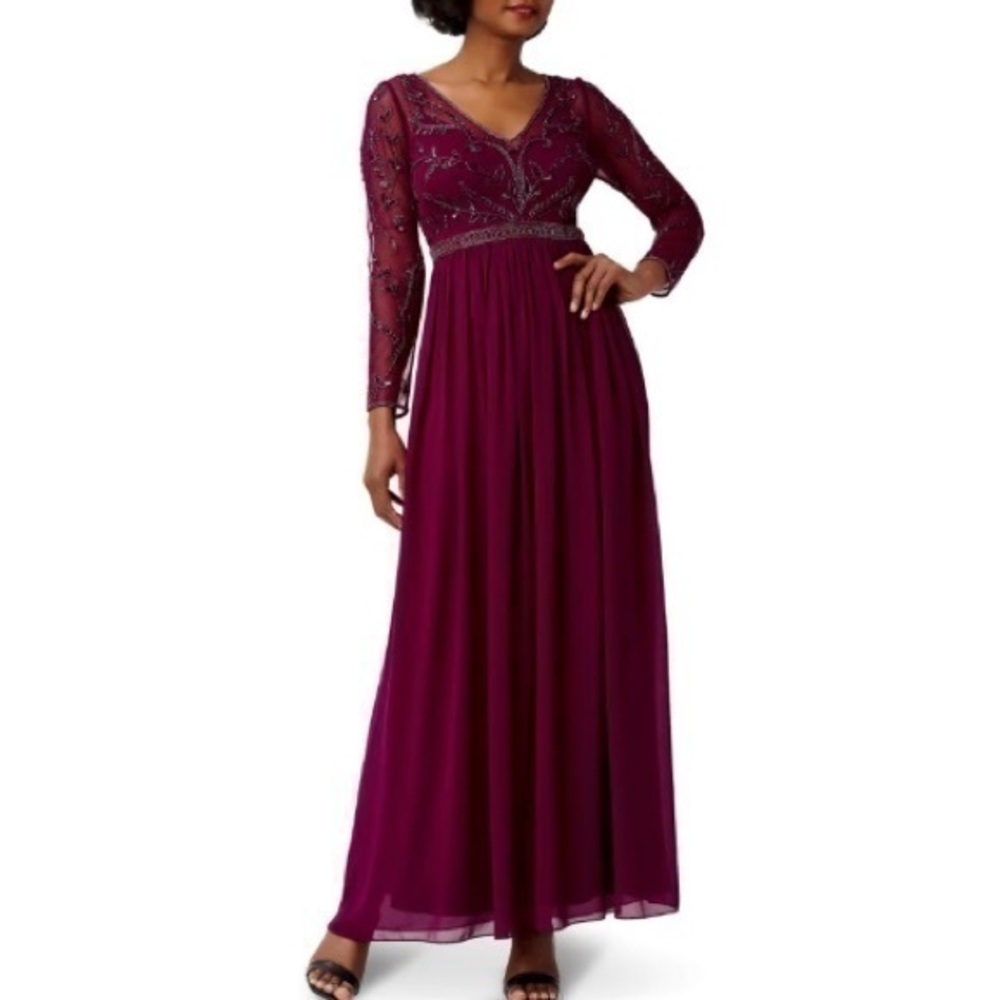 ADRIANNA PAPELL Illusion V-neck Long Sleeve Beaded Chiffon Gown in Bordeaux Sz 4